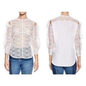Sandro Paris White Eyelet Cold Tie Shoulder Blouse